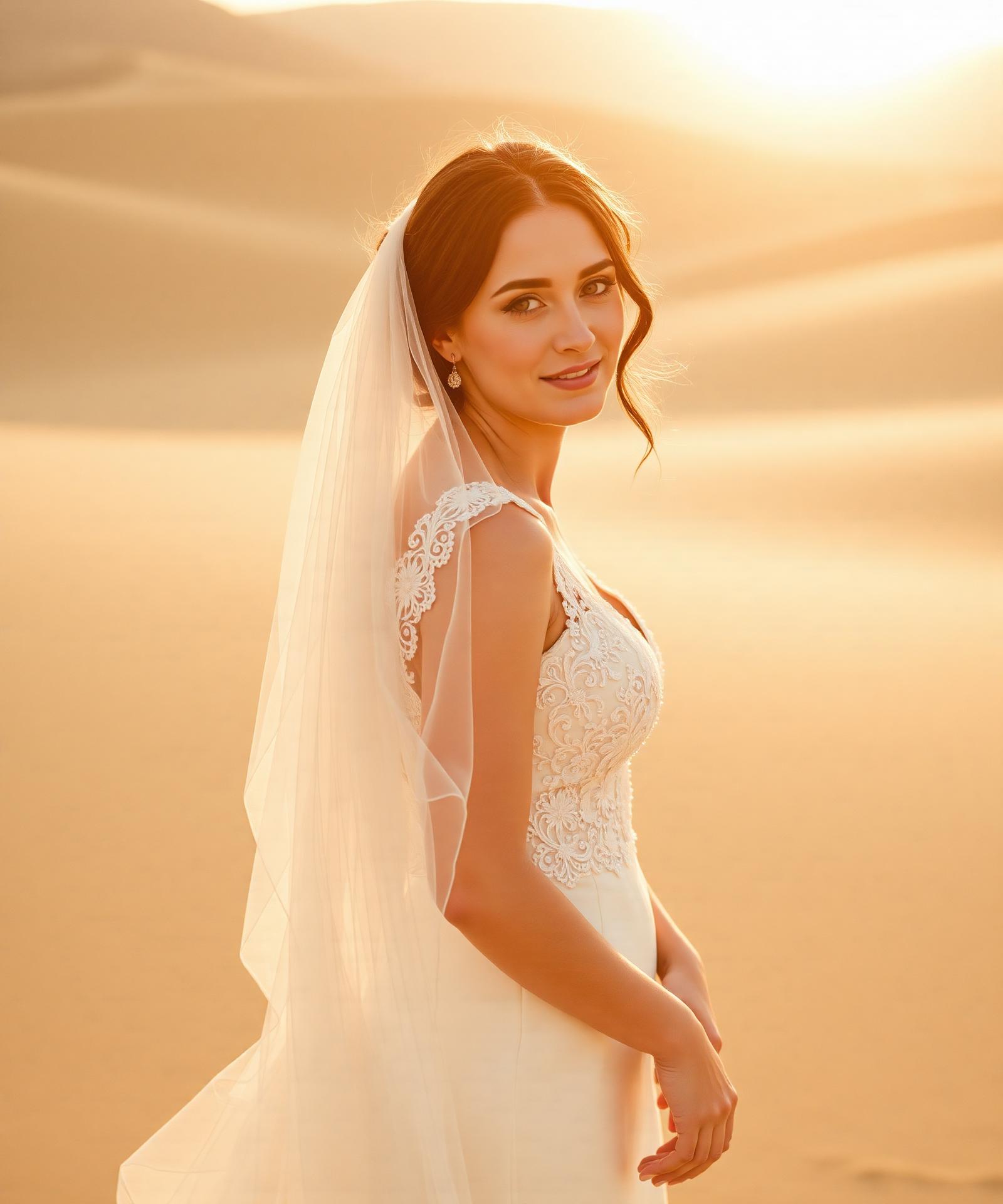 Novia al atardecer en luz dorada
